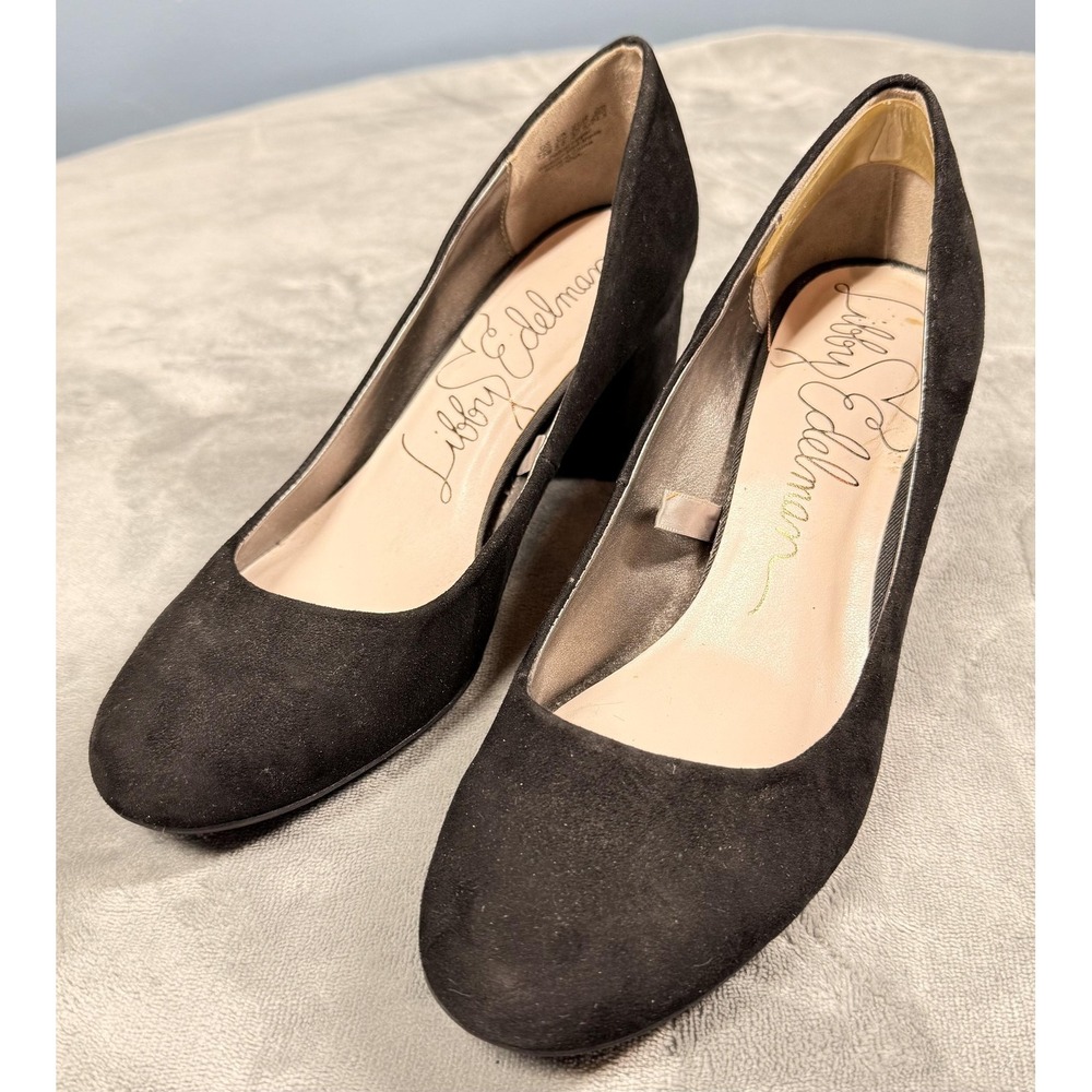 Libby Edelman Shoes Womens Size 7.5 Black Faux Suede Block Heel Pumps Dress
